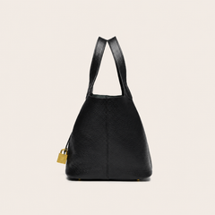 Pebbled Leather Structured Tote Bag with Gold-Tone Lock Detail