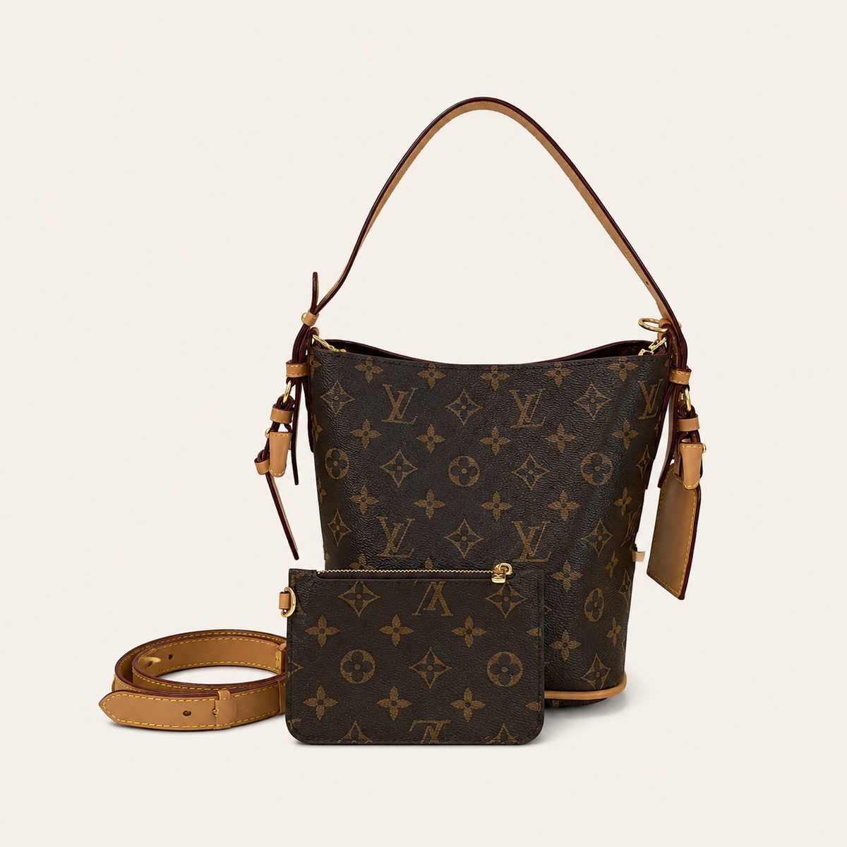 Leather Detachable Monogram Bucket  Mini Pouchh Bag